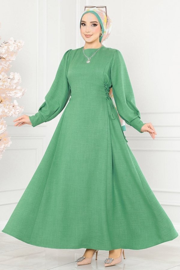 Moda Selvim Yeşil Yandan Bağcıklı Elbise