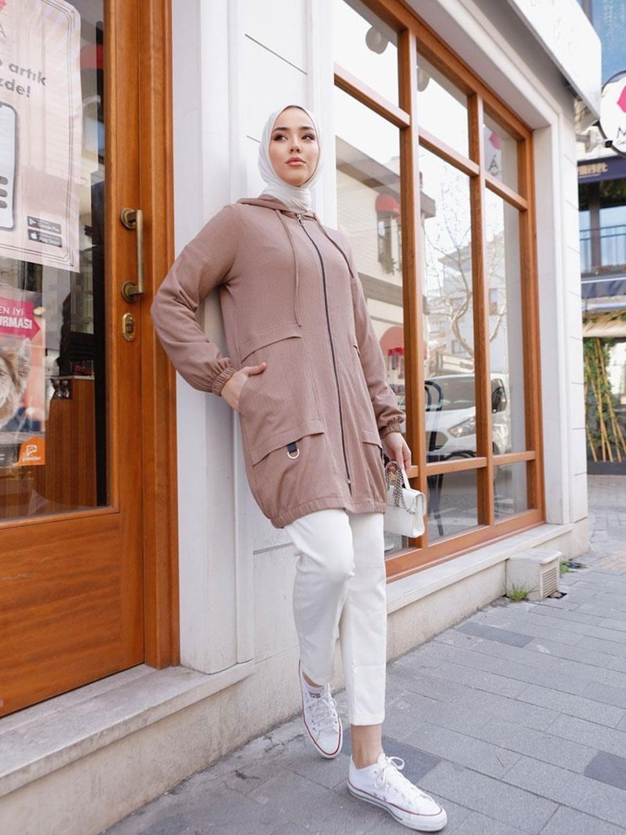 Burcu Tesettür Kapüşonlu Fermuarlı Tunik Brc12m02 Latte