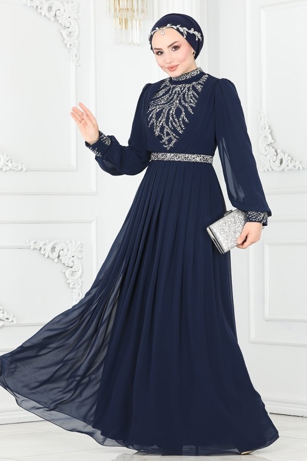 Moda Selvim Lacivert Pilise Detaylı Şifon Abiye Elbise