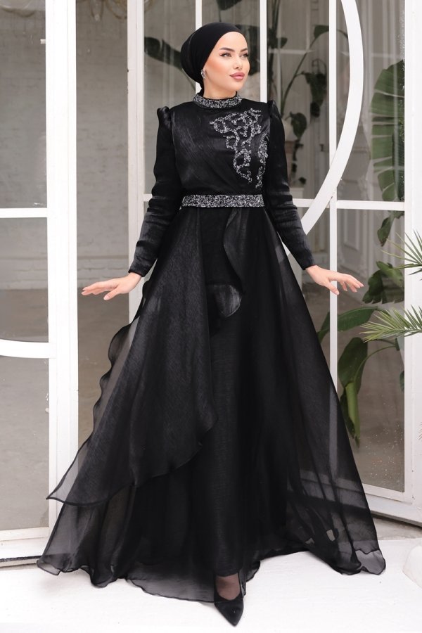 Moda Selvim Siyah Sual Taş İşlemeli Abiye Elbise