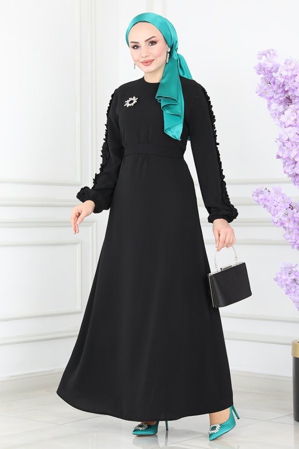 Moda Selvim Siyah Kolları Fırfırlı Aerobin Elbise