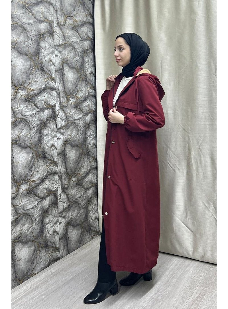 Burcu Fashion Bordo Belden Kemer Detaylı Uzun Trençkot