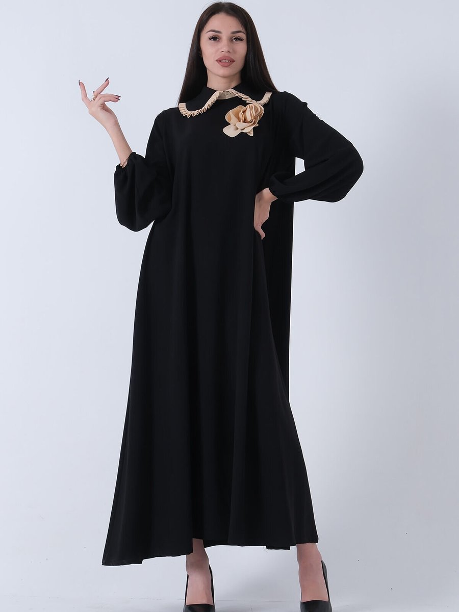 Ardanewline Siyah Yakası Fırfırlı Takma Çiçekli Abiye Elbise