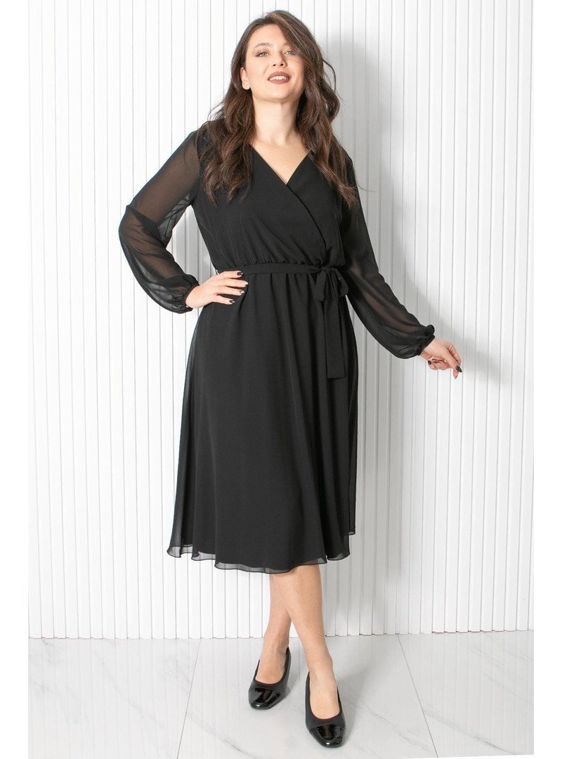 MFA Moda Siyah Kemer Detaylı Şifon Abiye Elbise