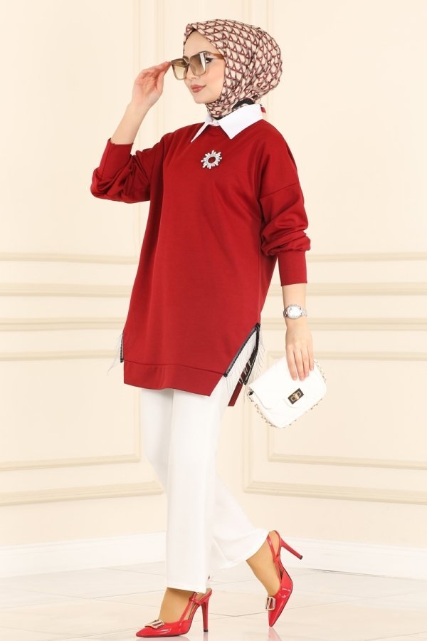 Moda Selvim Kırmızı Zincir Detaylı Tunik