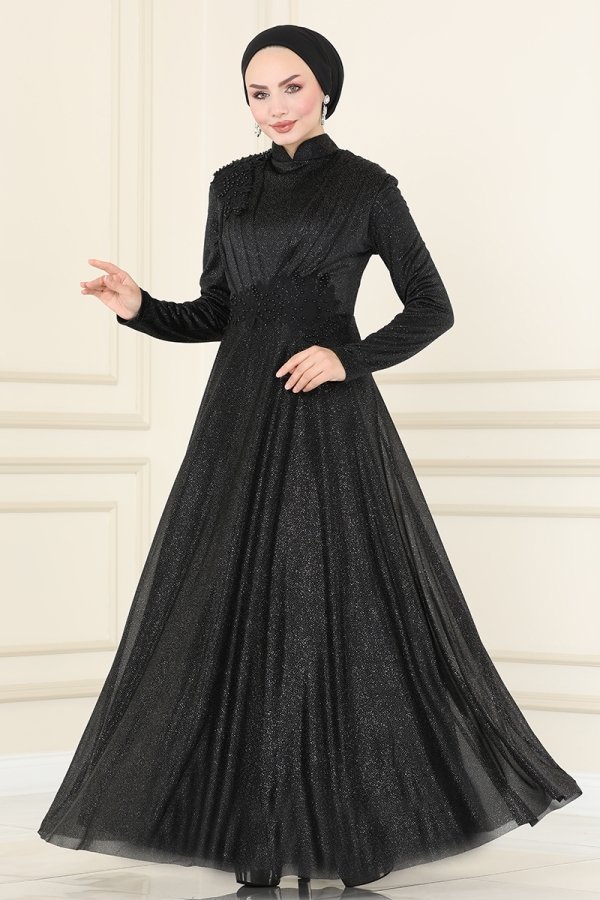 Moda Selvim Siyah İşleme Detaylı Simli Tül Abiye Elbise