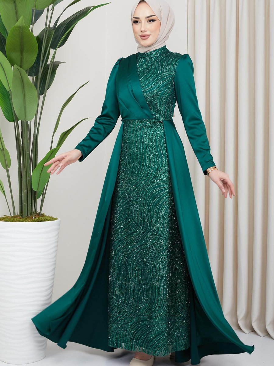 Olcay Önü Pul Ve Sim Detaylı Pelerin Etekli Saten Abiye Elbise Yeşil