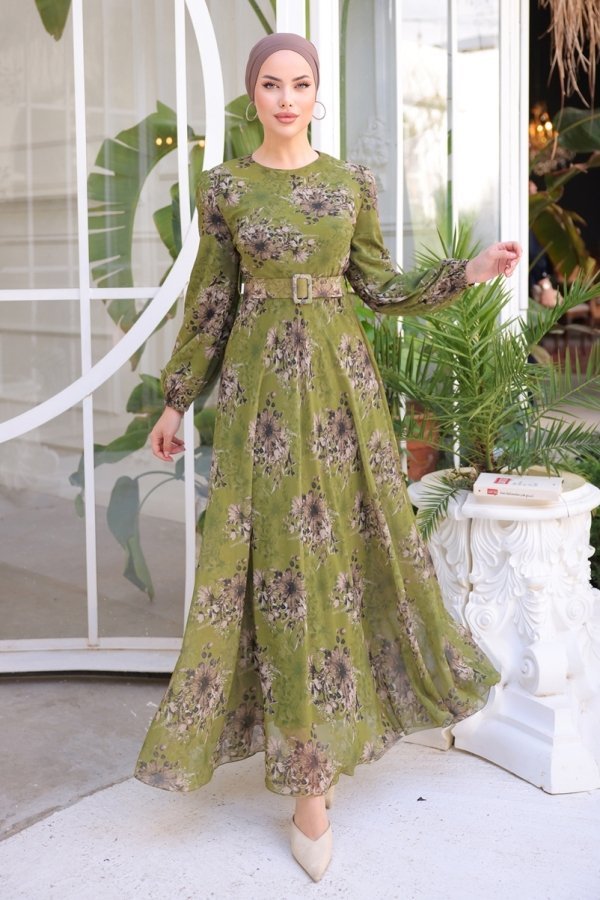 Moda Selvim Kına Yeşili Desenli Kemerli Şifon Elbise