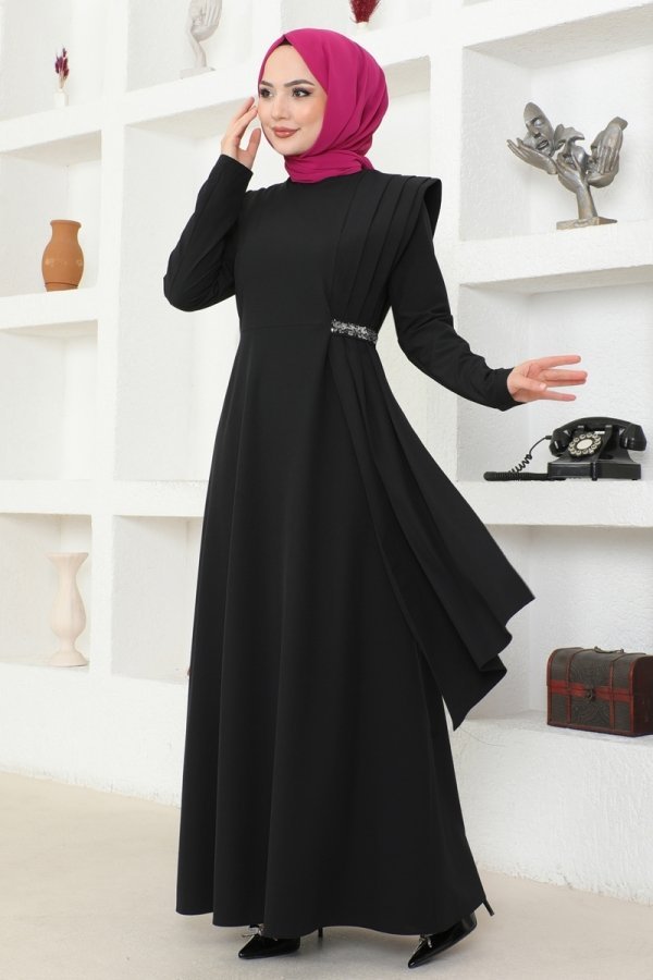 Moda Selvim Siyah Drapeli Pul Detaylı Elbise