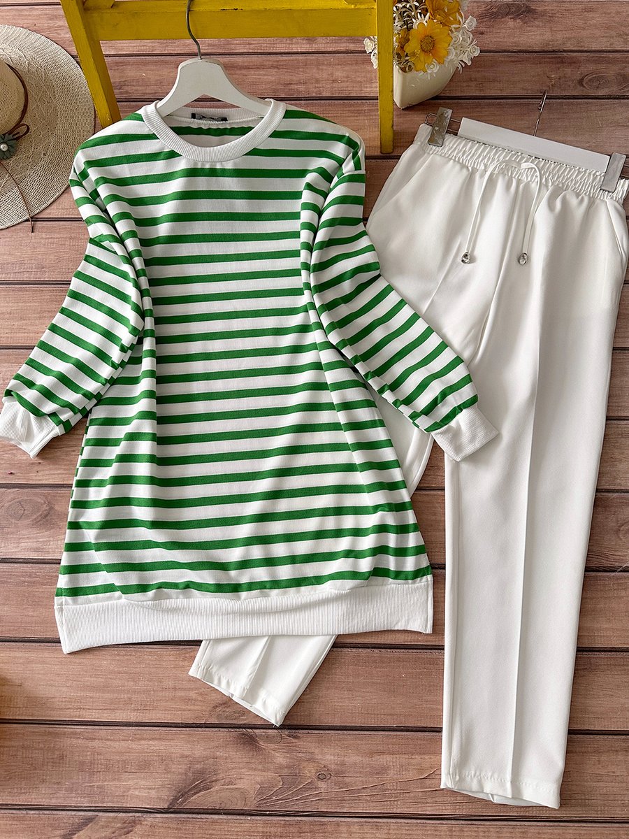 Modaqu Kombin Çizgili Tunik Ve Pantolon Takım Yeşil