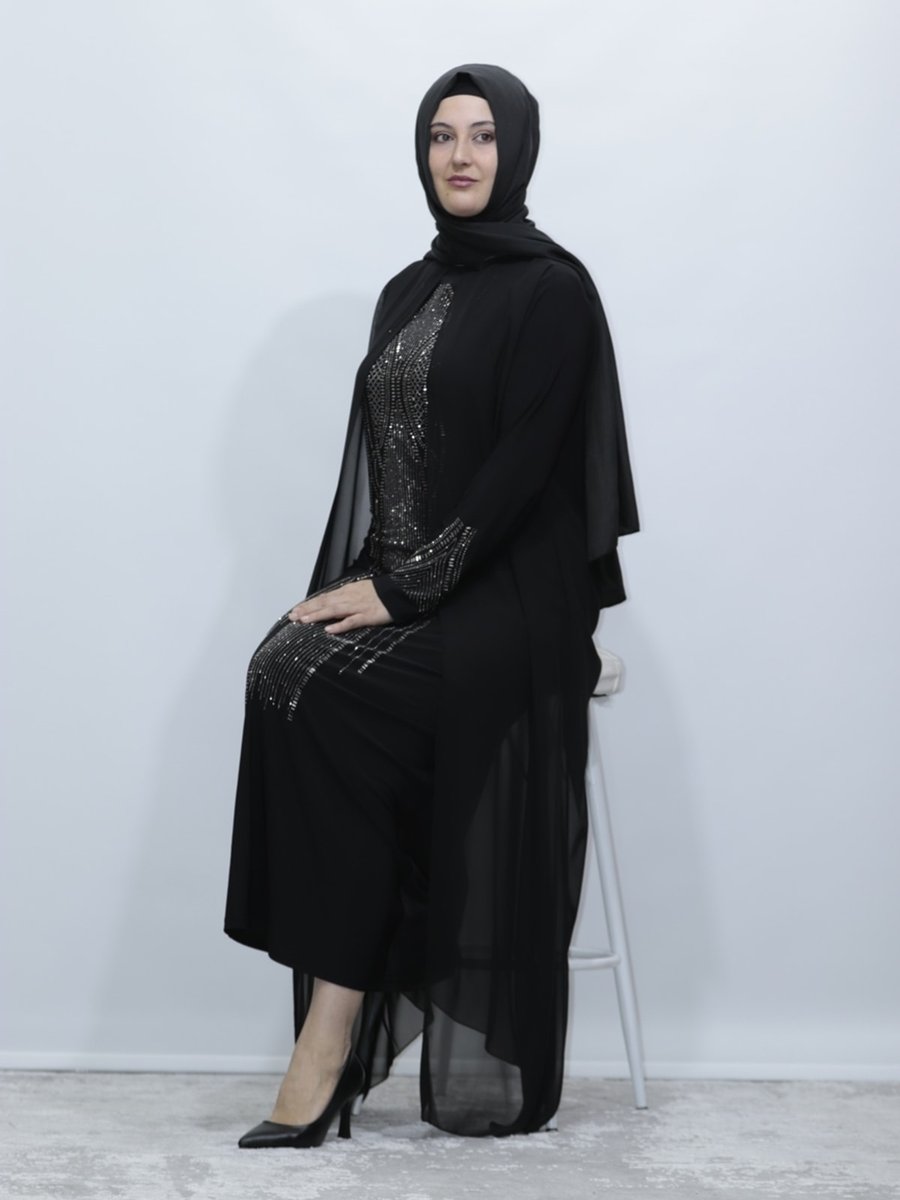 Zey&ka Butik Büyük Beden Ön Ve Kol Taşlı Şifon Abiye Elbise
