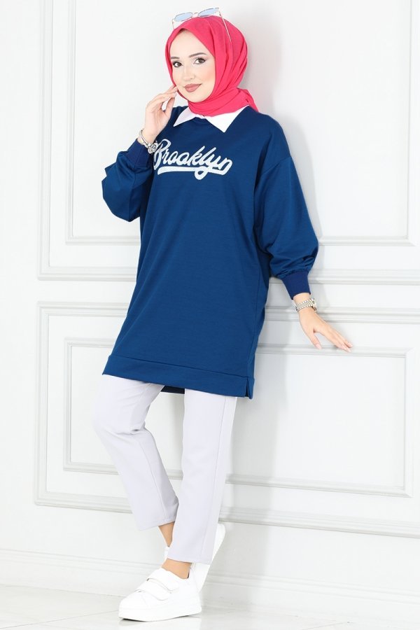 Moda Selvim Lacivert Yazı Baskılı Spor Tunik Moda Selvim Lacivert Yazı Baskılı Spor Tunik