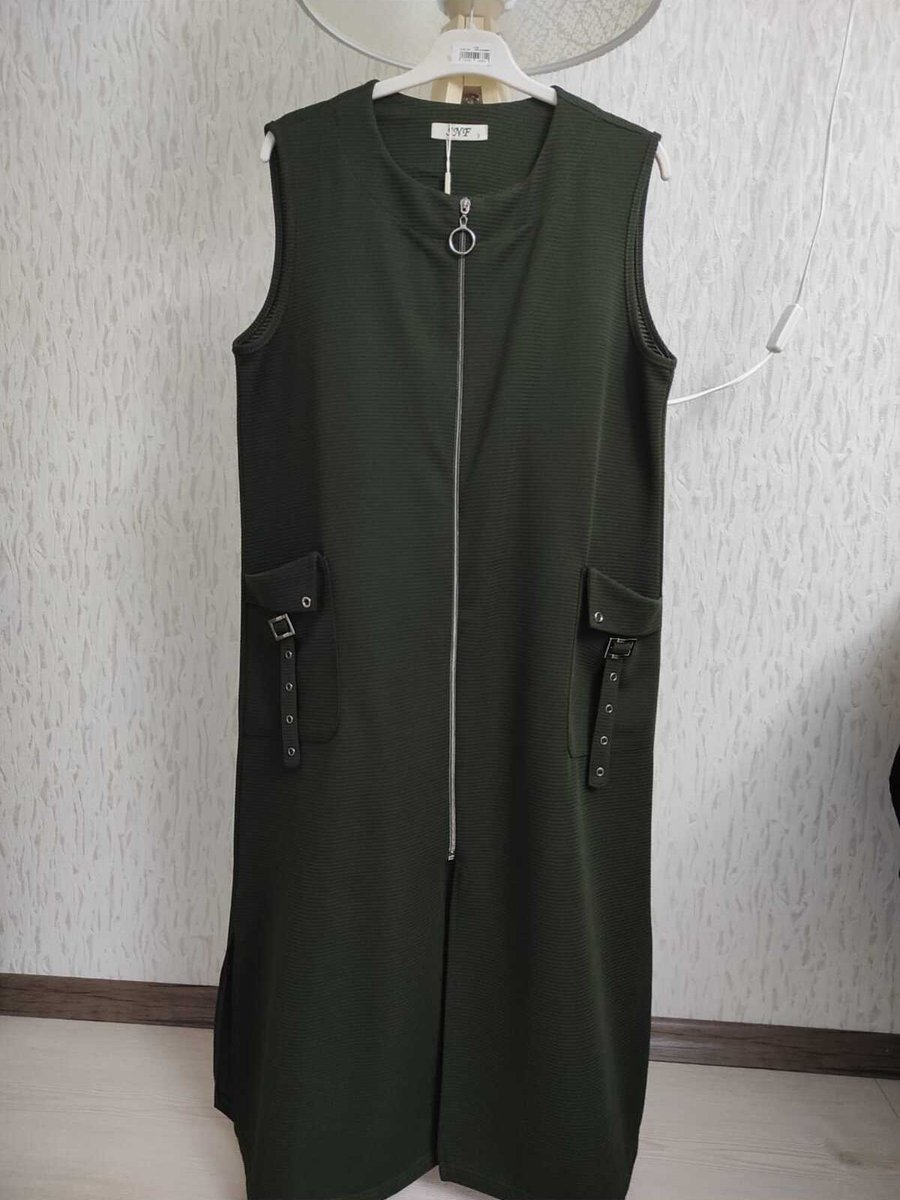 Ön-er Giyim Yeşil Fermuarlı Cepli Ottoman Kumaş Uzun Yelek