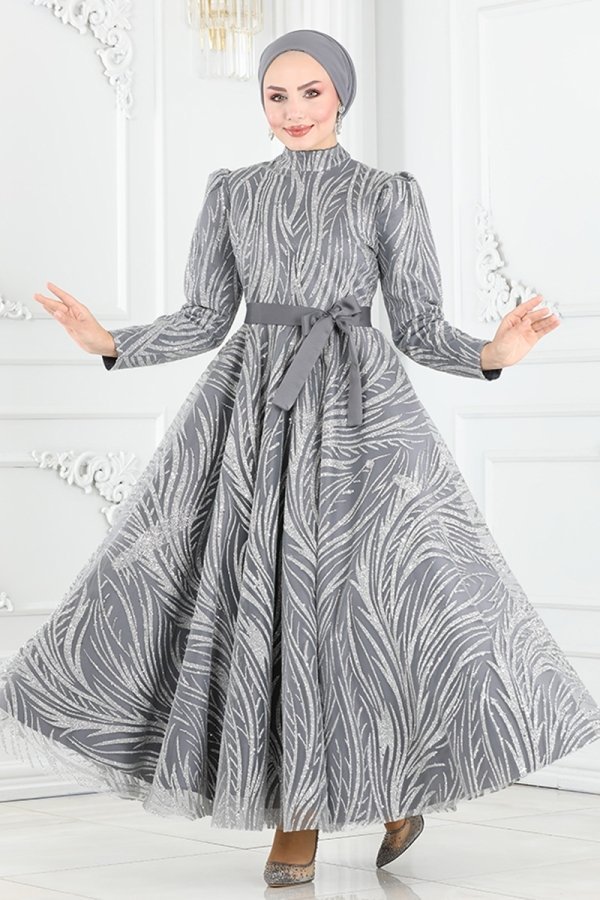 Moda Selvim Gri Işıltılı Simli Tül Abiye Elbise