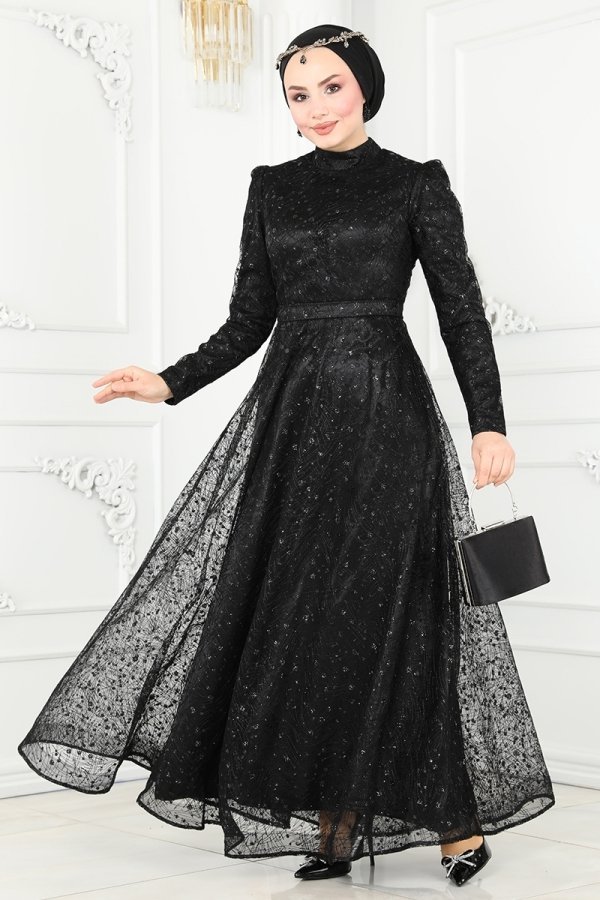 Moda Selvim Siyah Simli Midi Abiye Elbise