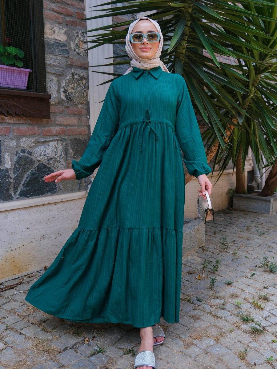 Locco Bel Büzgülü Elbise Zümrüt Yeşil