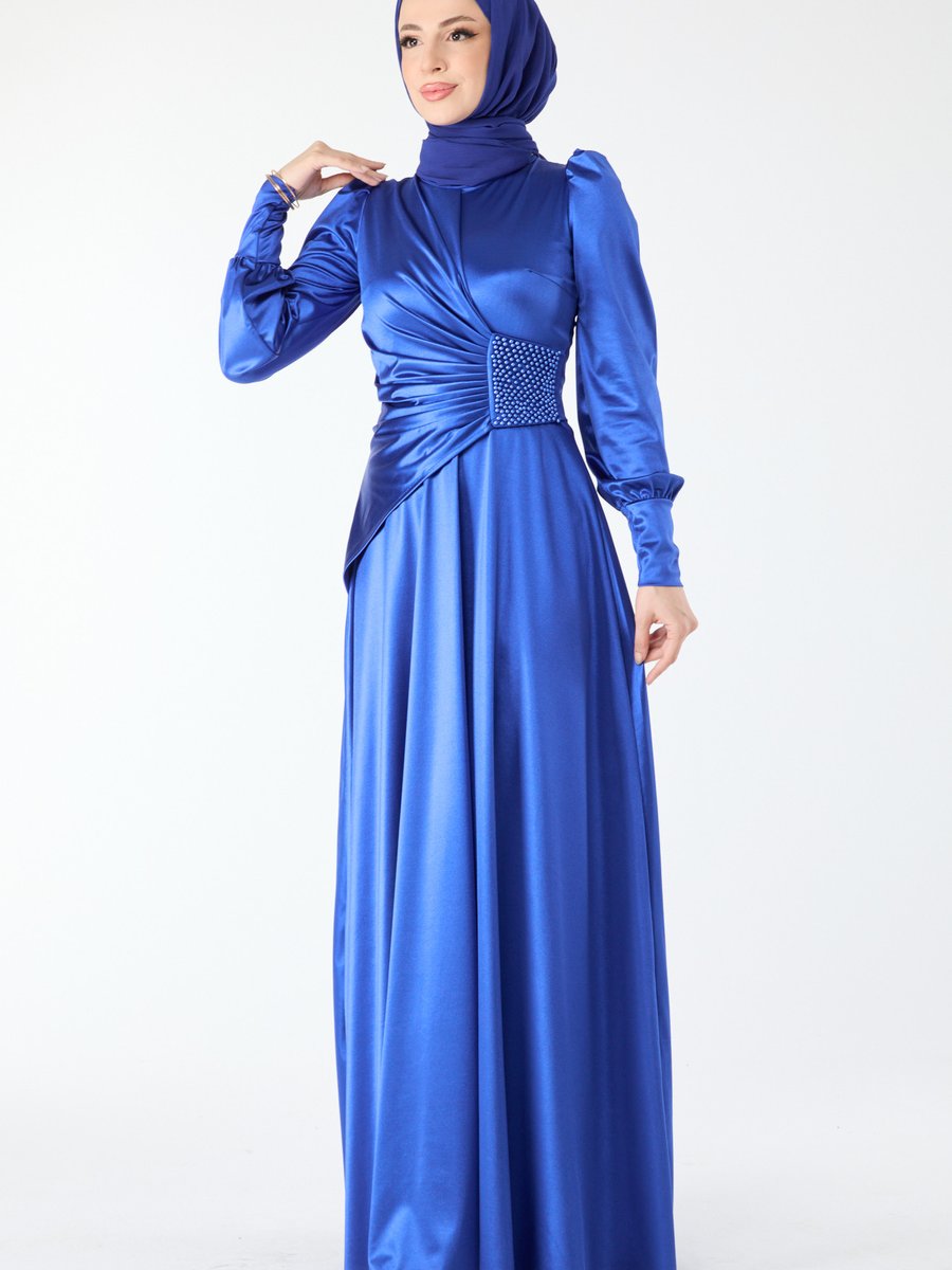Tofisa Saks Beli Taş Detay Uzun Kol Saten Abiye Elbise Elibise