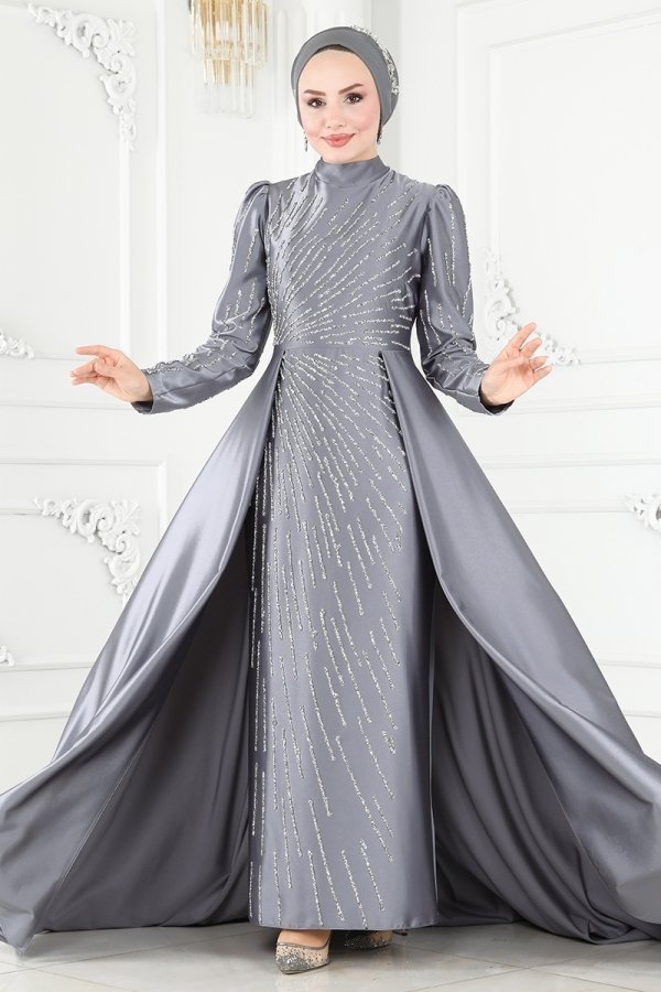 Moda Selvim Gri Taş Detaylı Kuyruklu Abiye Elbise