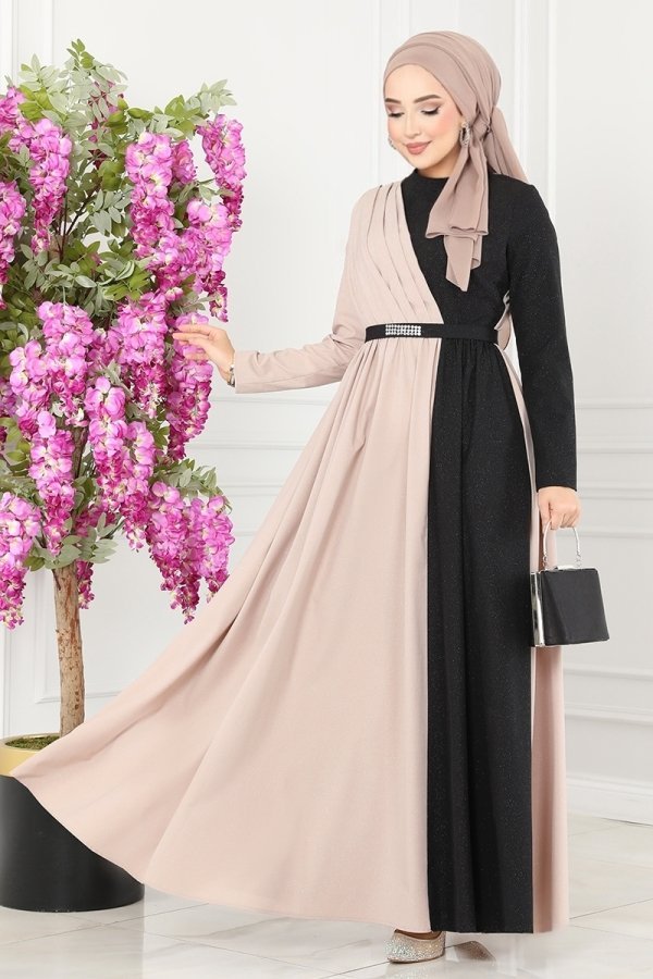 Moda Selvim Vizyon & Siyah Çift Renkli Kemerli Elbise