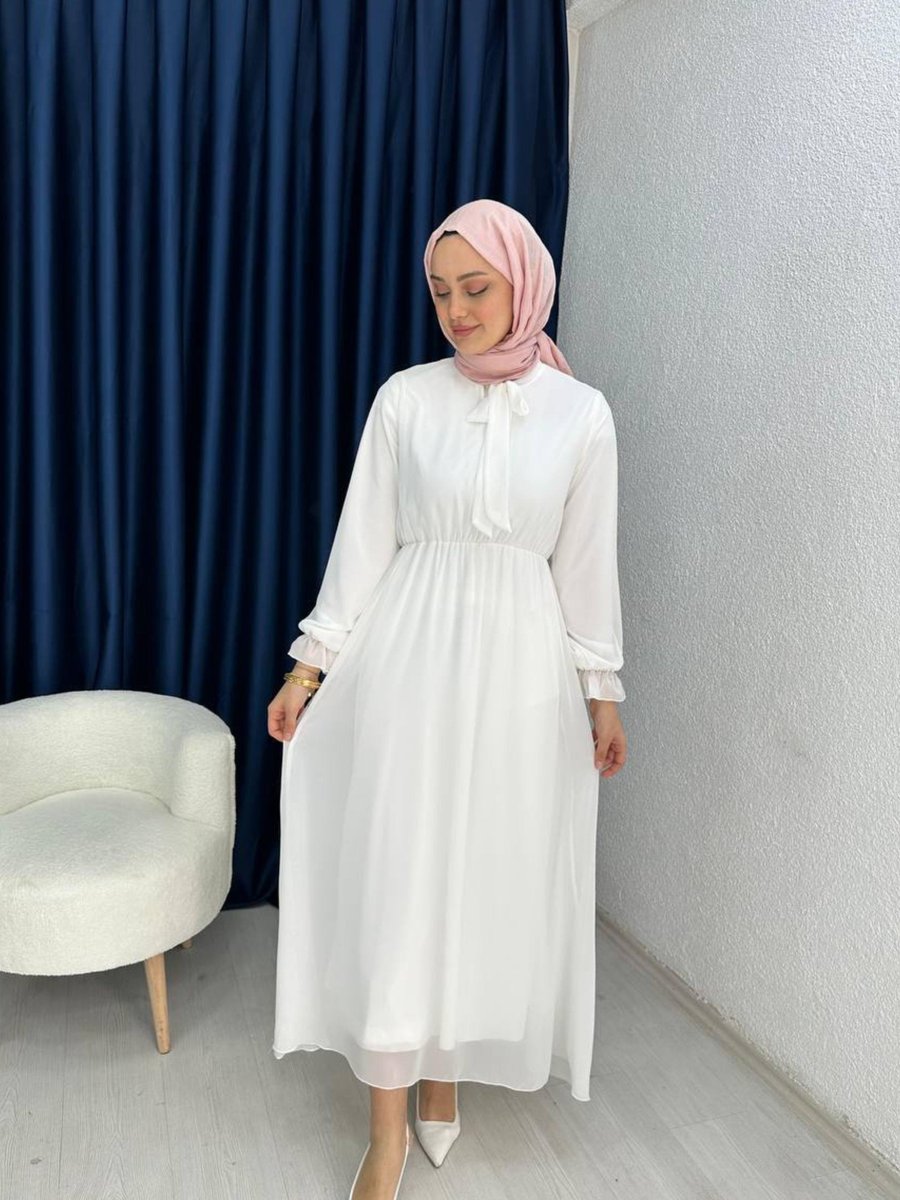 Lurex Moda Beyaz Yakası Bağlama Detaylı Şifon Elbise