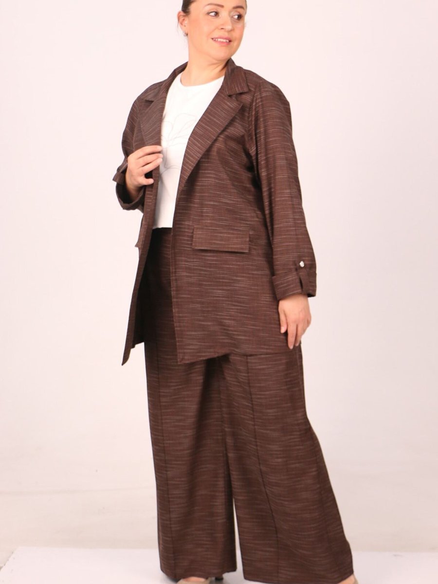 Moda Rosa Kahverengi Büyük Beden Kırçıllı Blazer Ceket Pantolonlu Takım