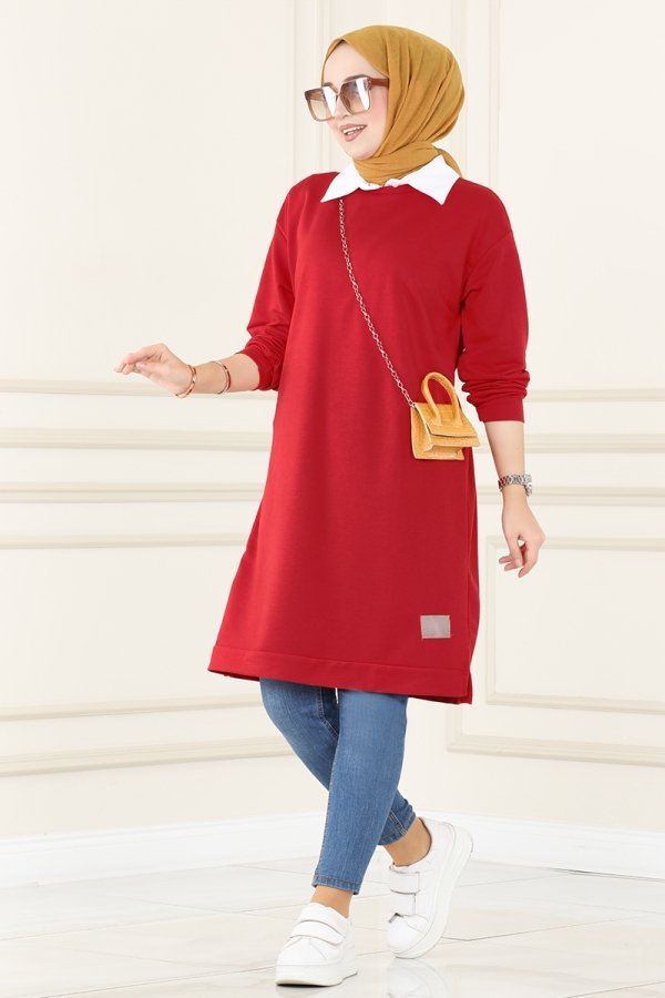 Moda Selvim Koyu Kırmızı Arma Detaylı Basic Tunik