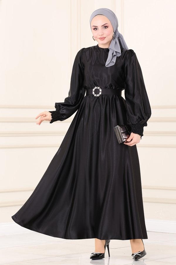 Moda Selvim Siyah Beli Lastikli Saten Elbise