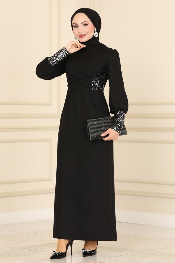 Moda Selvim Siyah & Gümüş Pul Detaylı Krep Elbise