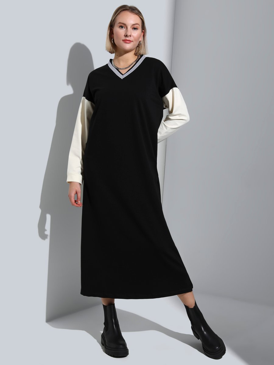 Alia Siyah Büyük Beden Pamuk Kumaşlı Elbise