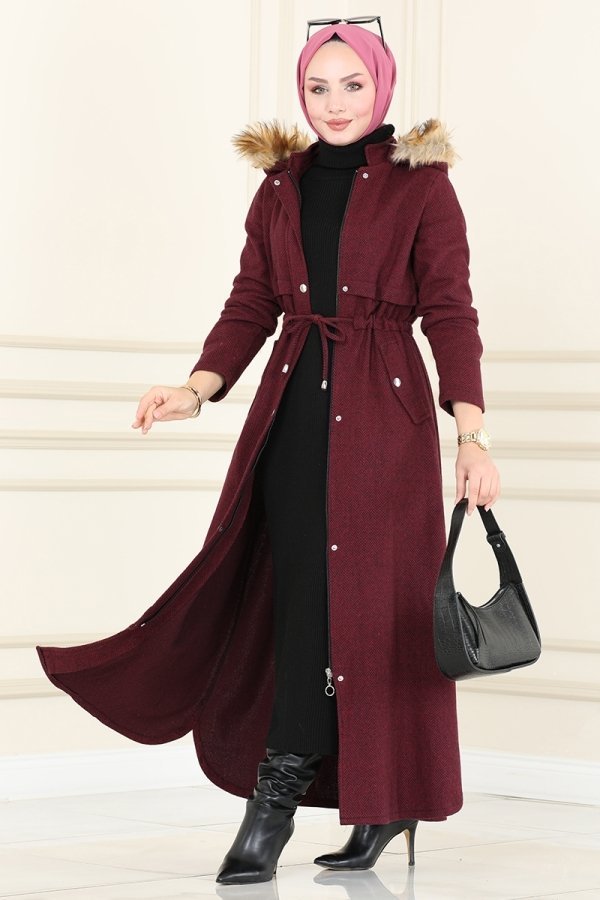 Moda Selvim Bordo Bolero Detaylı Kışlık Ferace