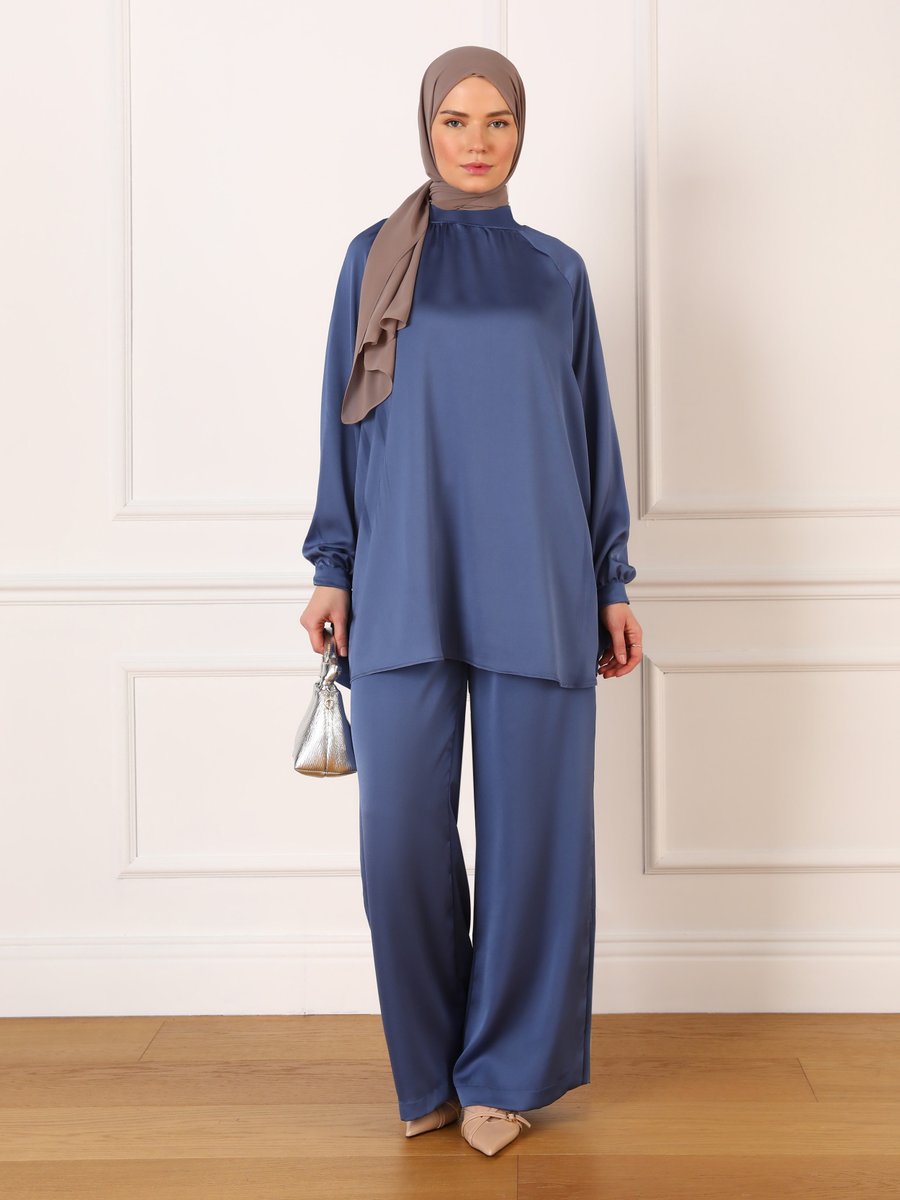 Refka Saten Bağlama Detaylı Tunik & Pantolon İkili Takım Galaxy Blue