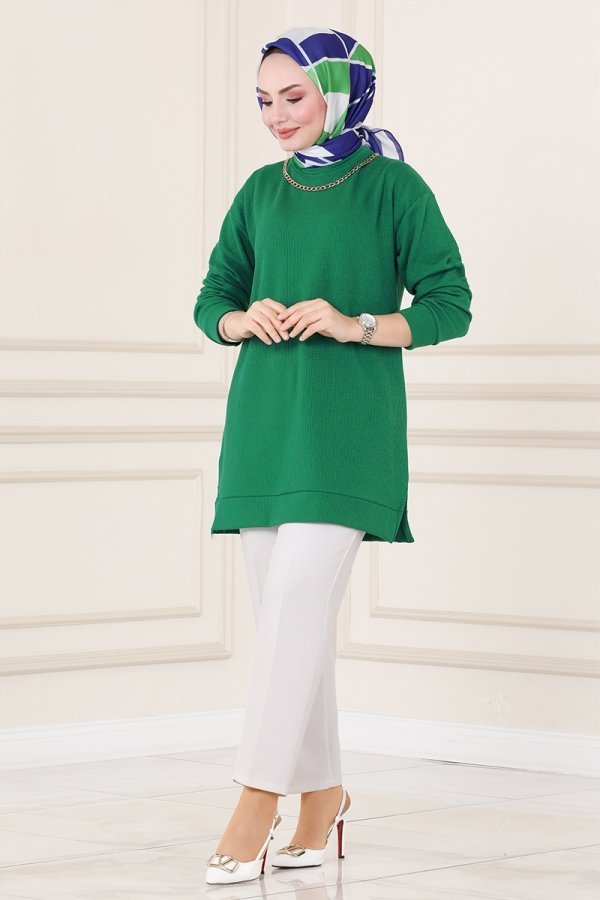 Moda Selvim Benetton Yeşili Yakası Zincir Detaylı Tunik