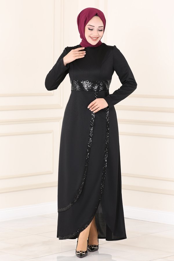 Moda Selvim Siyah Pul Payet Detaylı Abiye Elbise