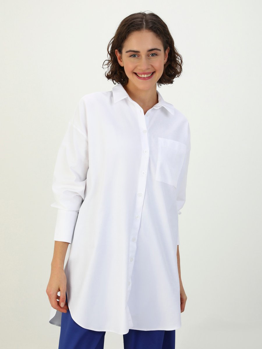 Benin Beyaz Cep Detaylı Oversize Poplin Gömlek