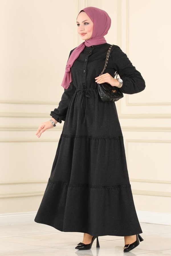 Moda Selvim Siyah Dantel Detaylı Kışlık Elbise