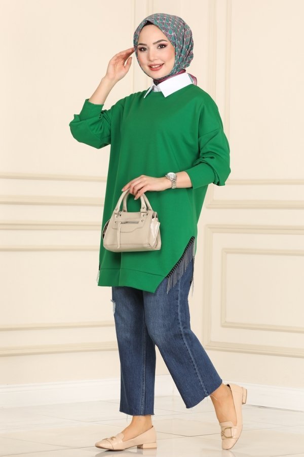 Moda Selvim Benetton Yeşili Zincir Detaylı Tunik