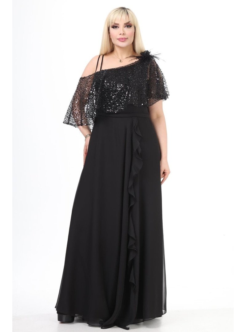 Ladies First Büyük Beden Siyah Uzun Abiye Elbise