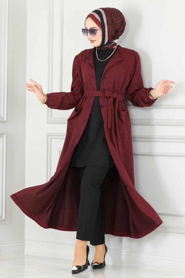 Moda Selvim Bordo Kemerli Balıksırtı Ferace & Elbise