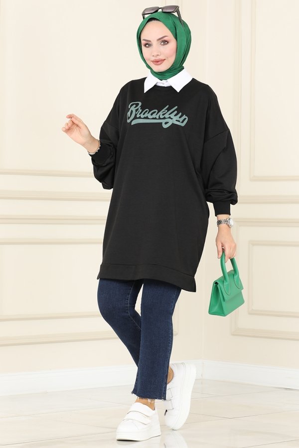Moda Selvim Siyah & Mint Yazı Baskılı Spor Tunik Moda Selvim Siyah & Mint Yazı Baskılı Spor Tunik