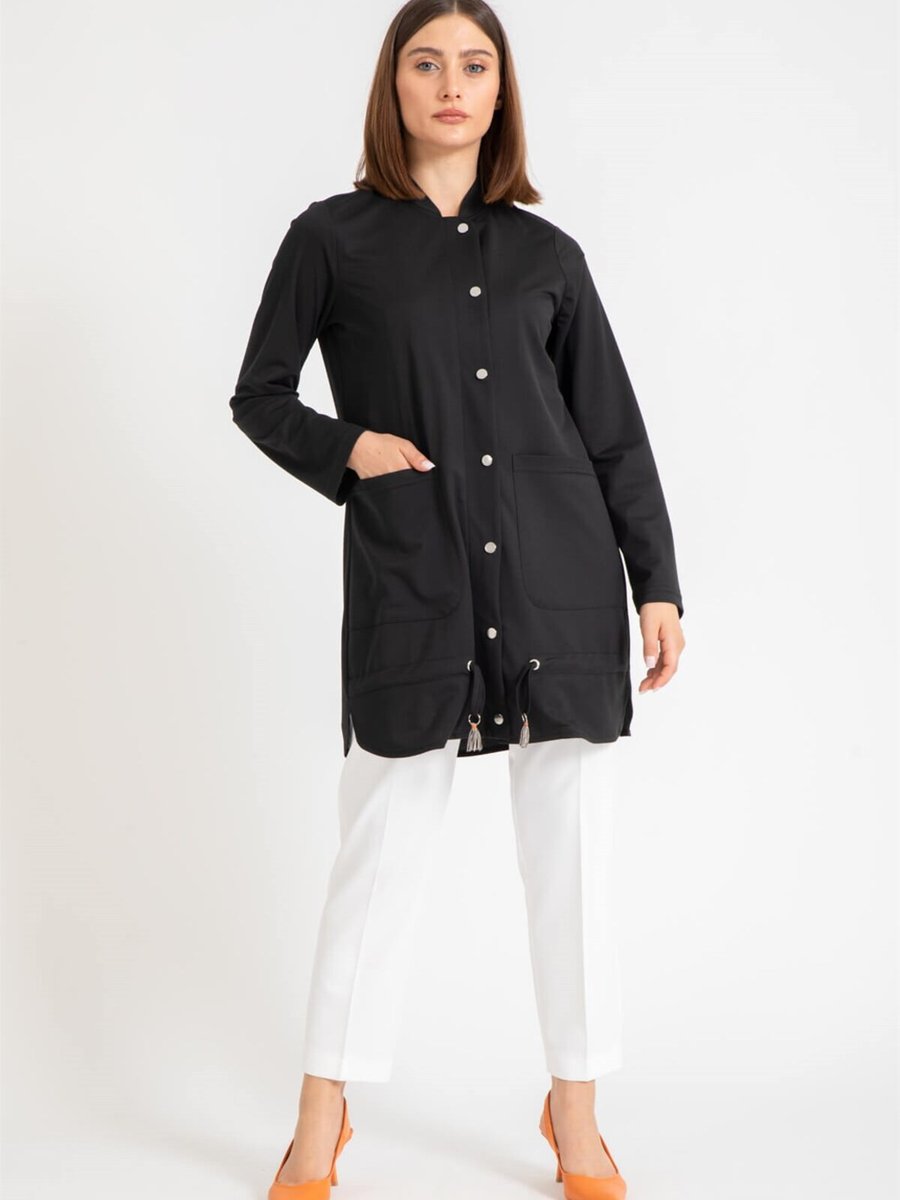 Esswaap Önü Çıt Kapamalı Büzgü Detaylı Giy Çık Tunik Ceket Siyah