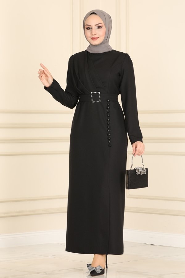 Moda Selvim Siyah Aksesuar Düğmeli Krep Elbise