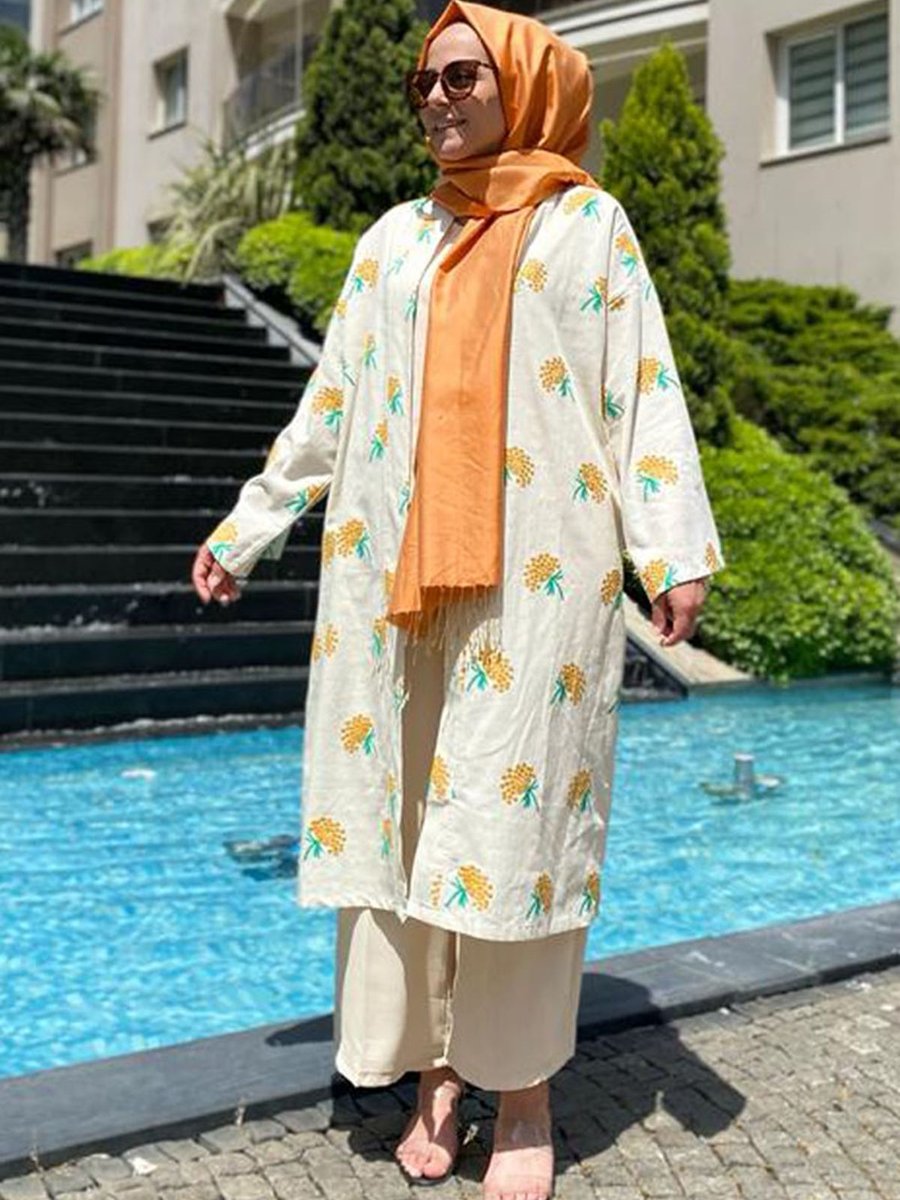 Moda Rosa Ekru Safran Jakarlı Kimono