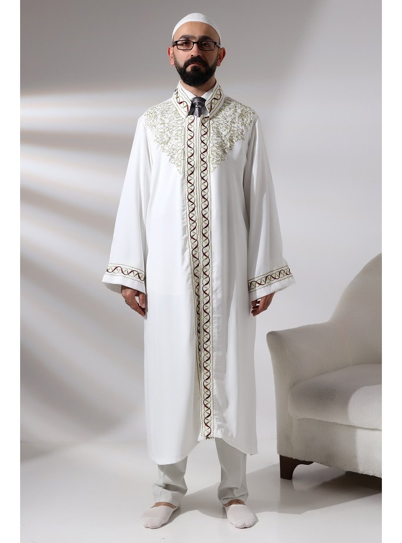 İhvan Krem Beyaz Hakim Yaka Nakış İşlemeli Erkek Namaz Elbisesi İmam Cübbesi
