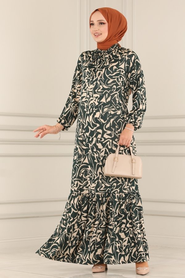 Moda Selvim Desen 1 Zümrüt Fular Yakalı Helen Elbise