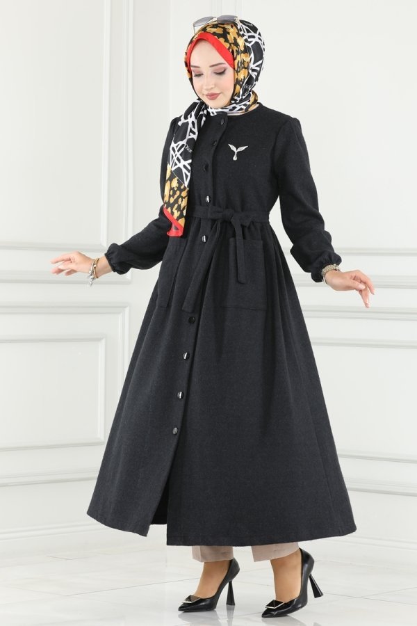 Moda Selvim Siyah Kemerli Balıksırtı Ferace & Elbise