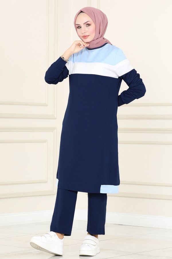 Moda Selvim Bebe Mavisi & Lacivert Renk Şeritli İkili Takım