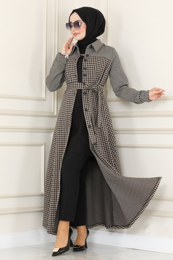 Moda Selvim Vizyon Kazayağı Desenli Kışlık Elbise & Ferace
