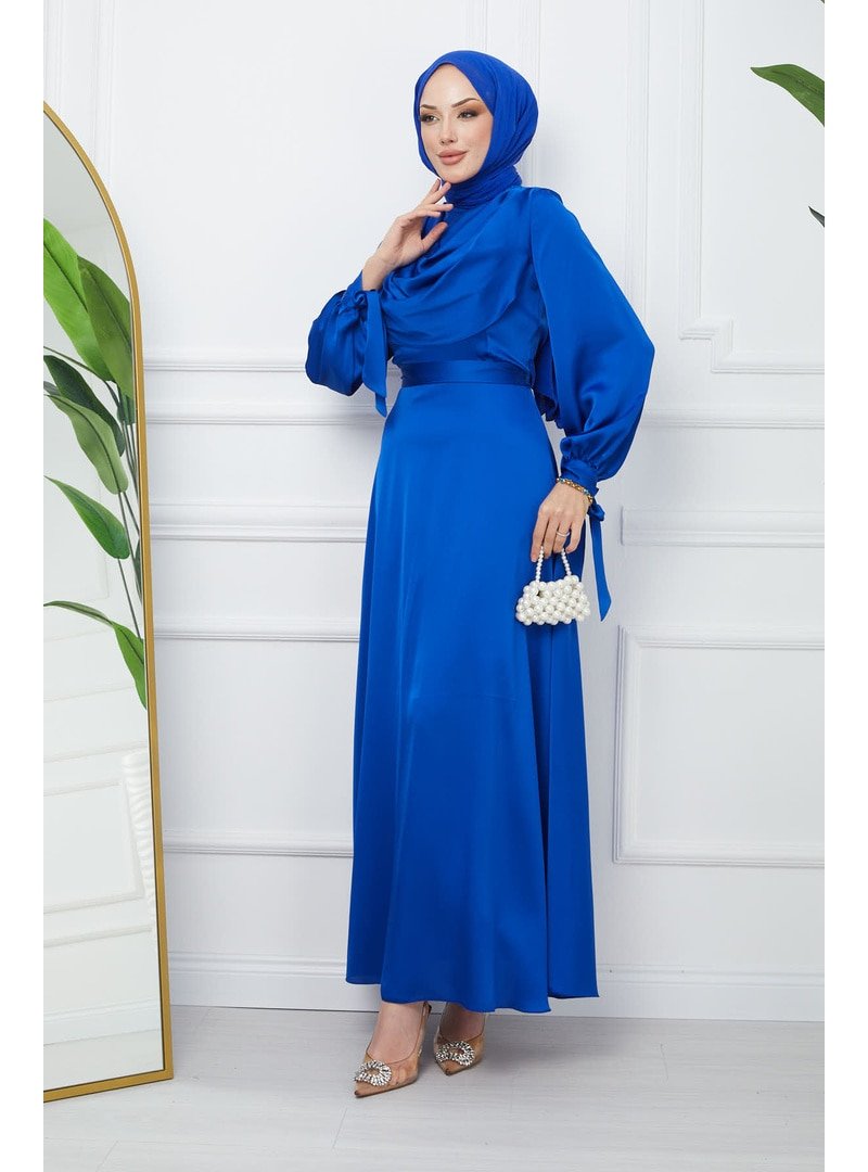 İmaj Butik Saks Mavi Yaka Detaylı Kol Bağlamalı Saten Abiye Elbise
