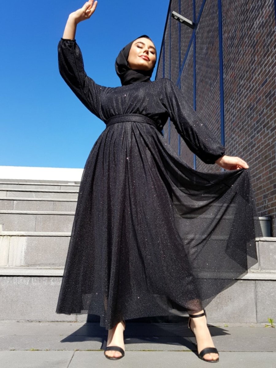 Modarana Simli Belden Kuşaklı Siyah Abiye Elbise