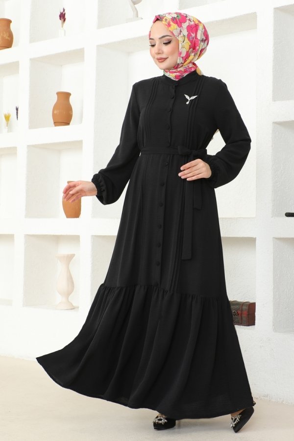 Moda Selvim Siyah Eteği Fırfırlı Aerobin Elbise